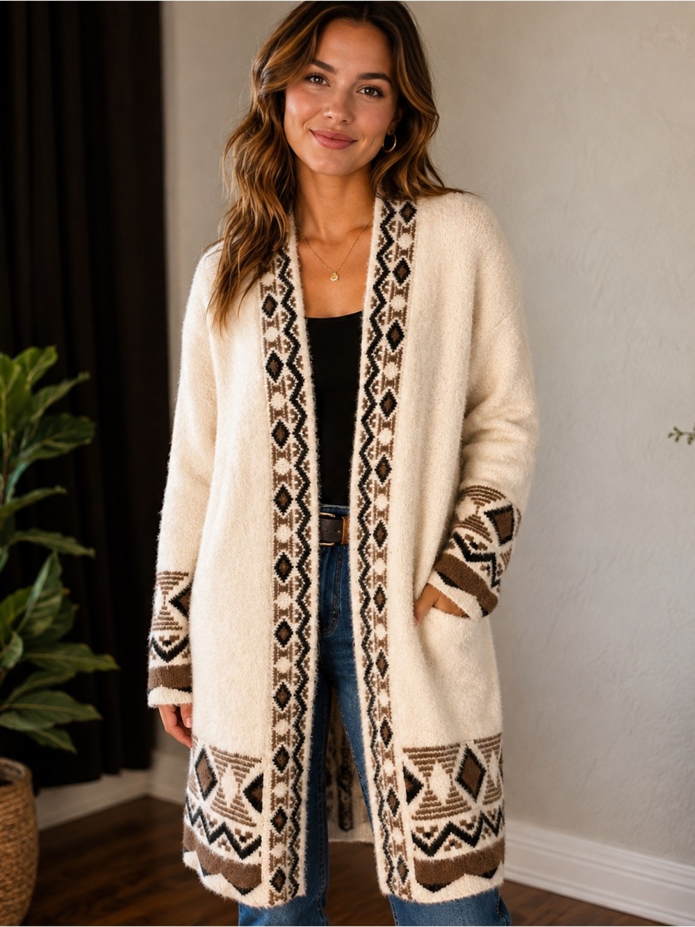 Rachel Zoe Geometric Long Open Front Cardigan Sweater Cream Brown Black M